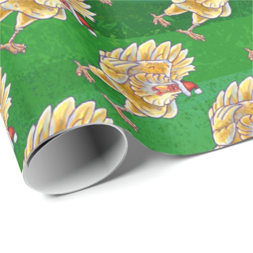 Chicken Christmas On Green Wrapping Paper