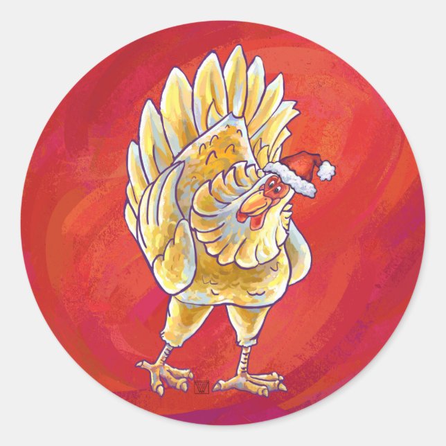 Chicken Christmas On Red Classic Round Sticker (Front)