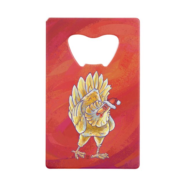 Chicken Christmas On Red Credit Card Bottle Opener (Front)