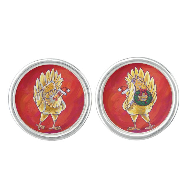Chicken Christmas On Red Cufflinks (Front)