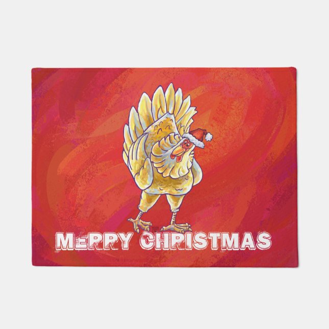 Chicken Christmas On Red Doormat (Front)