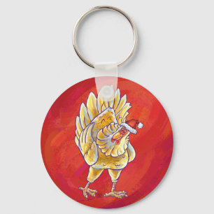Chicken Christmas On Red Keychain