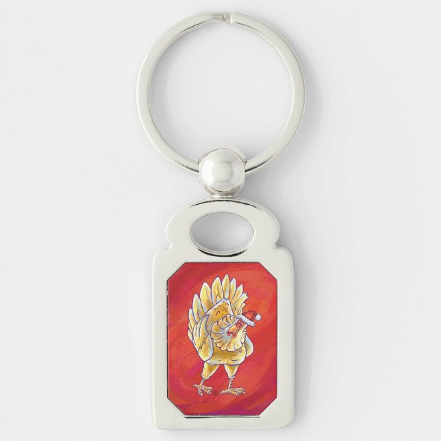 Chicken Christmas On Red Keychain (Front)
