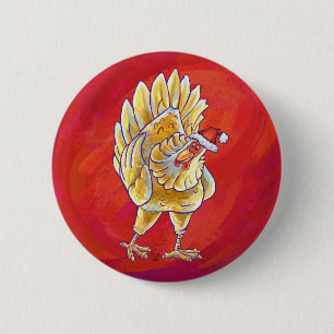 Chicken Christmas On Red Pinback Button