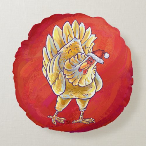 Chicken Christmas On Red Round Pillow