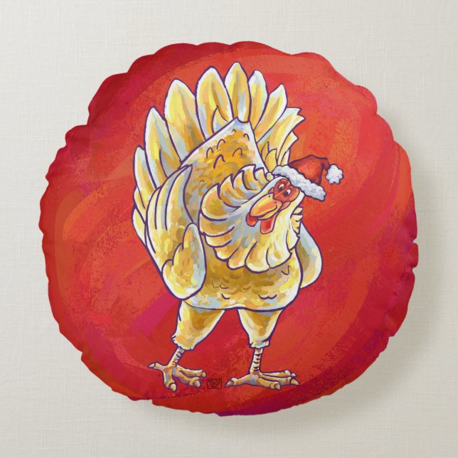 Chicken Christmas On Red Round Pillow (Front)