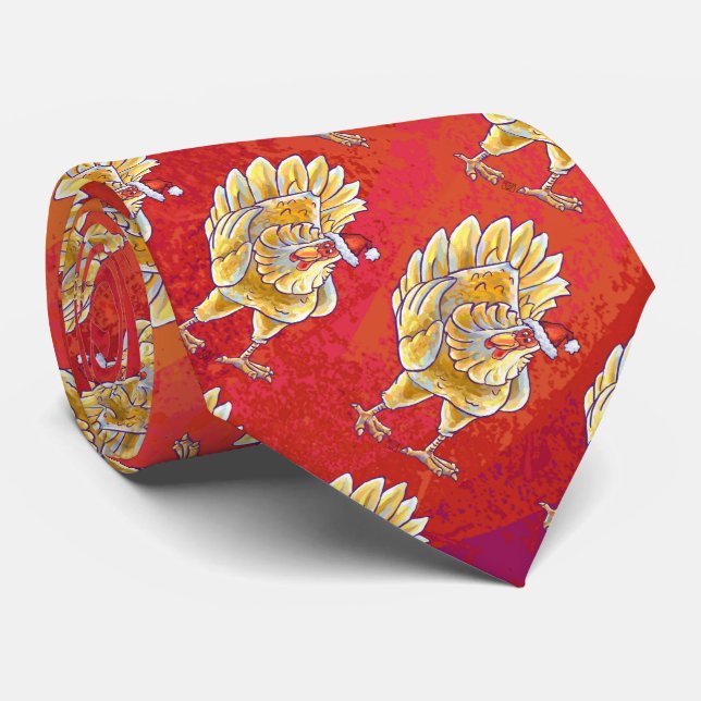 Chicken Christmas On Red Tie (Rolled)