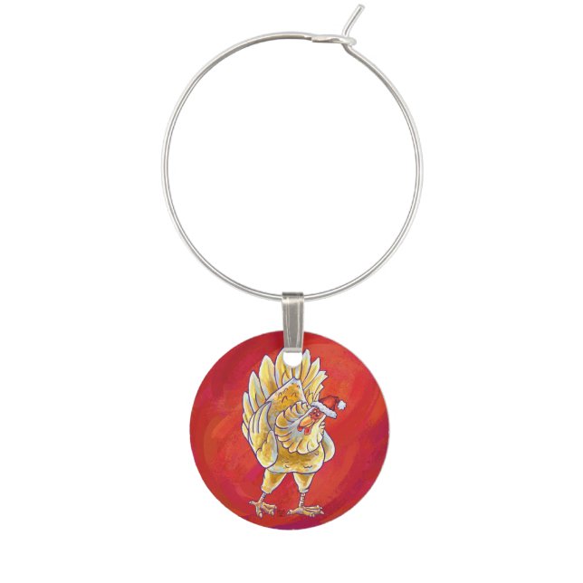 Chicken Christmas On Red Wine Glass Charm (Front)