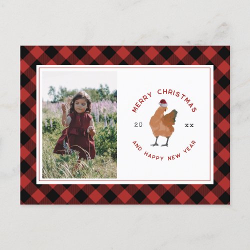 Chicken Christmas Photo Buffalo Plaid Holiday Postcard