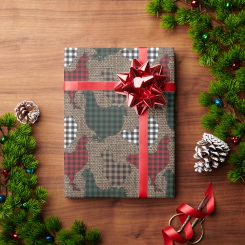 Chicken Christmas Plaid Burlap Wrapping Paper