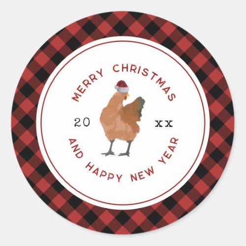 Chicken Christmas Plaid Classic Round Sticker