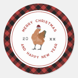 Chicken Christmas Plaid Classic Round Sticker