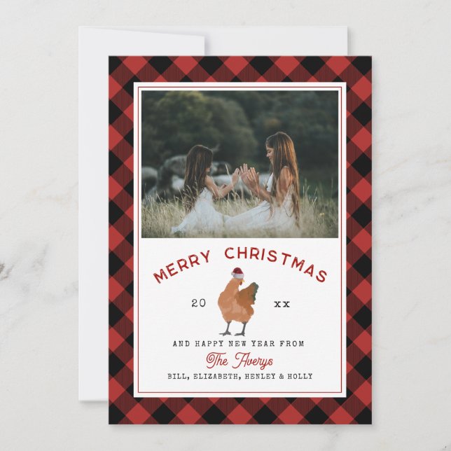 Chicken Christmas Plaid Photo Holiday Card (Front)