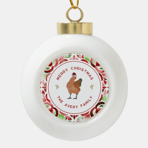 Chicken Christmas Red  Green Watercolor Ceramic Ball Christmas Ornament