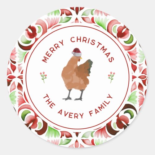 Chicken Christmas Red  Green Watercolor Classic Round Sticker