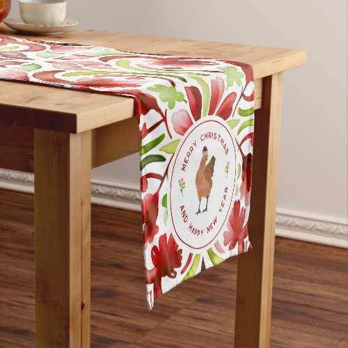 Chicken Christmas Red  Green Watercolor Short Table Runner