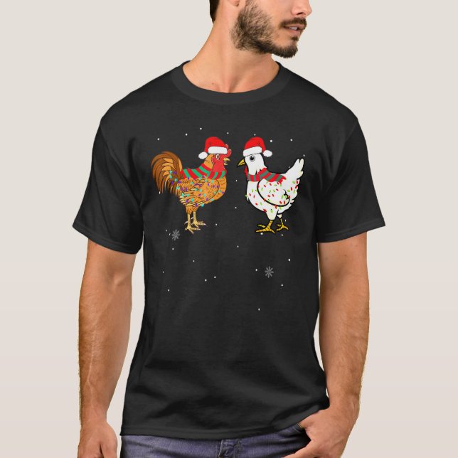 Chicken Christmas Rooster Lights Wear Santa Hat Lo T-Shirt (Front)
