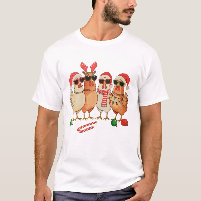 Chicken Christmas Santa Hat Farm Family Xmas T-Shirt (Front)