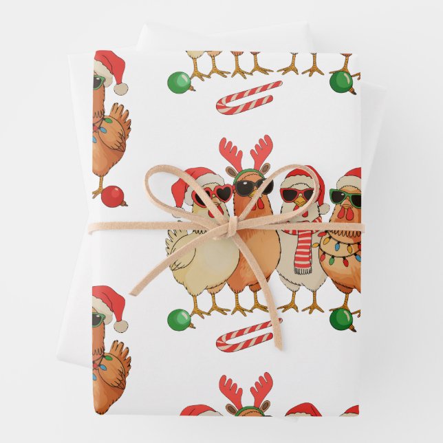 Chicken Christmas Santa Hat Farm Family Xmas Wrapping Paper Sheets (In situ)