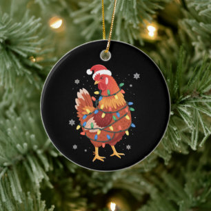 Chicken Christmas Tree Lights Farm Animal Santa Ceramic Ornament