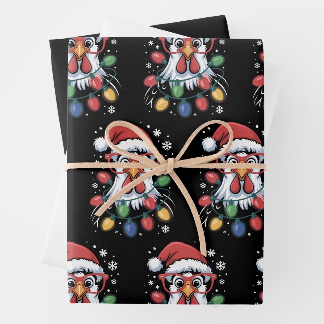 Chicken Christmas Tree Lights Farm Animal Santa  Wrapping Paper Sheets (In situ)