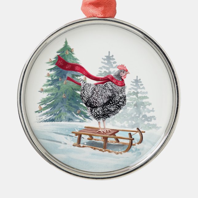 Chicken Christmas Tree Ornament Cute Sledding Hen (Front)