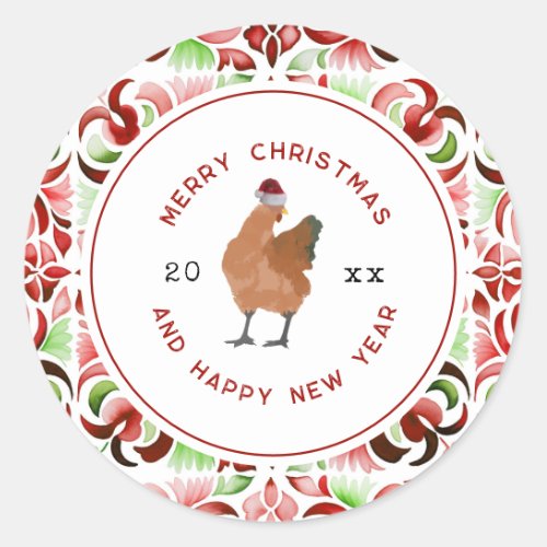 Chicken Christmas Watercolor Classic Round Sticker