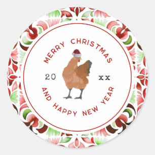 Chicken Christmas Watercolor Classic Round Sticker