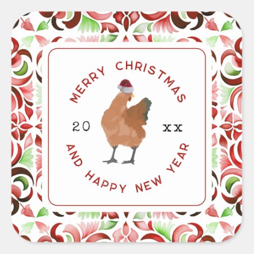 Chicken Christmas Watercolor Square Sticker