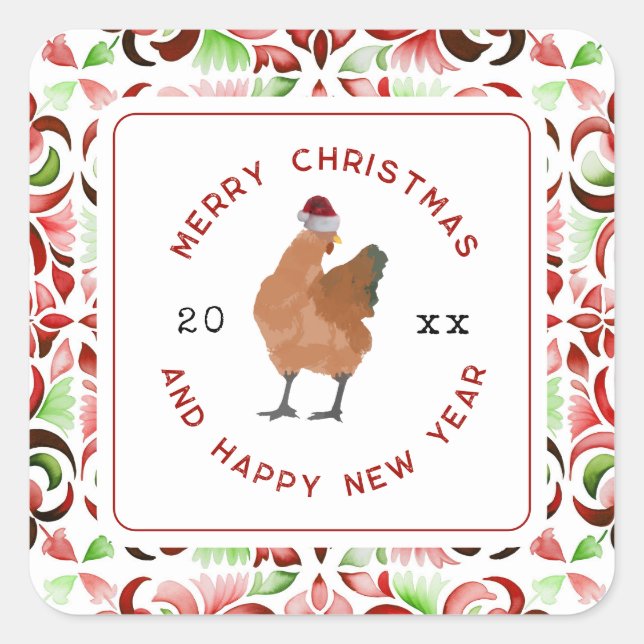 Chicken Christmas Watercolor Square Sticker (Front)