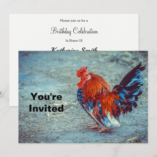 Chicken Colorful Rooster Photo Birthday Invitation (Front/Back)