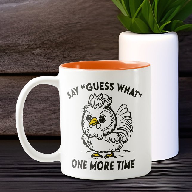 Chicken Comic Funny Angry Guess What Rooster Humor Two-Tone Coffee Mug (Guess what? Chicken butt!)