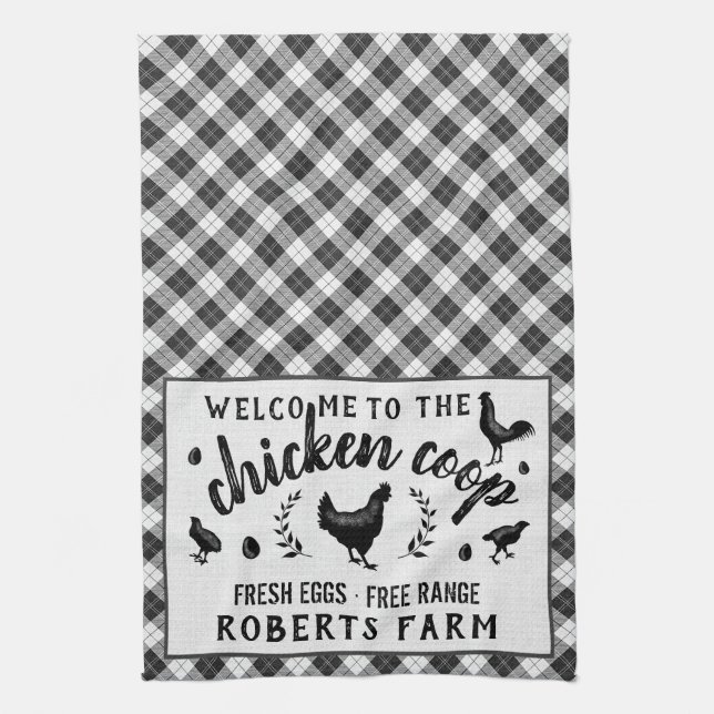 Chicken Coop Hen Black Buffalo Check Plaid Country Kitchen Towel (Vertical)