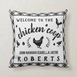 Chicken Coop Hen Black Buffalo Check Plaid Country Throw Pillow
