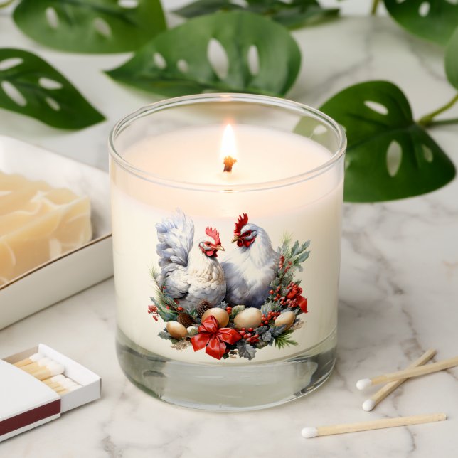 Chicken Couple On a Nest of Eggs Christmas Scented Candle (Lit)