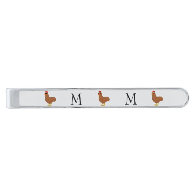 Chicken Design Monogrammed Silver Finish Tie Bar (Front)