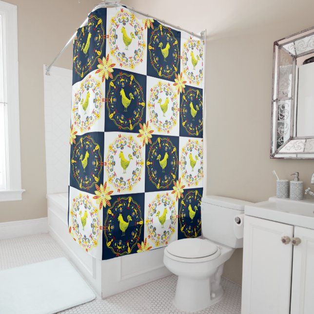 Chicken easter folk pattern shower curtain (In Situ)