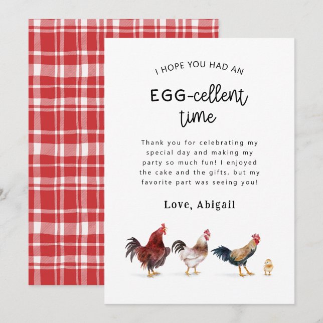 Chicken Egg-Cellent Birthday Party   Thank You Card (Front/Back)