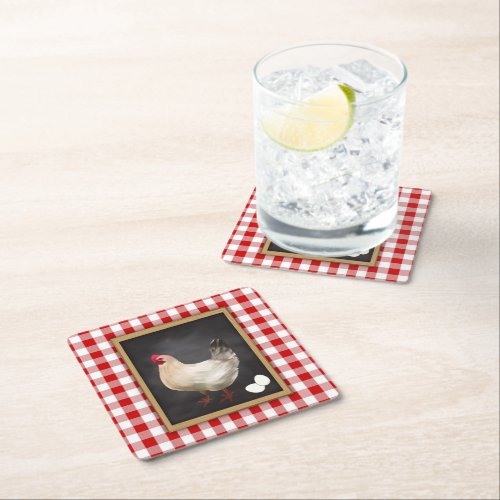  Chicken Eggs Red and White Country Gingham Square Paper Coaster