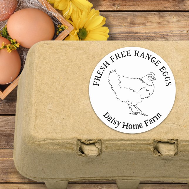 Chicken Eggs Simple Hand Drawn Personalized Classic Round Sticker (Chicken egg box custom labels simple black and white hen illustration with fresh free range eggs )