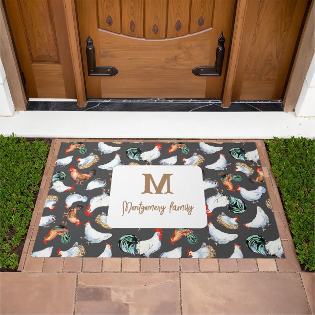 Chicken Family Farmhouse Monogram Doormat (Outdoor)