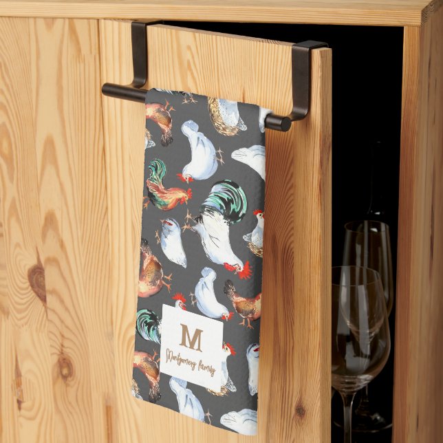 Chicken Family Farmhouse Monogram Kitchen Towel (Thirds Fold)