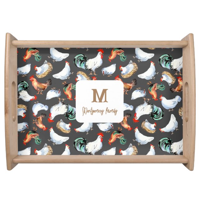 Chicken Family Farmhouse Monogram Serving Tray (Front)