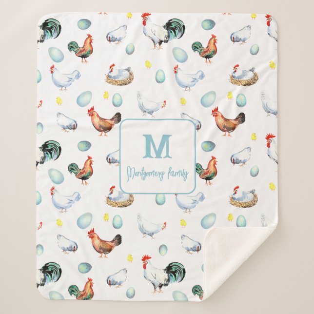 Chicken Family Farmhouse Monogram Sherpa Blanket (Front)