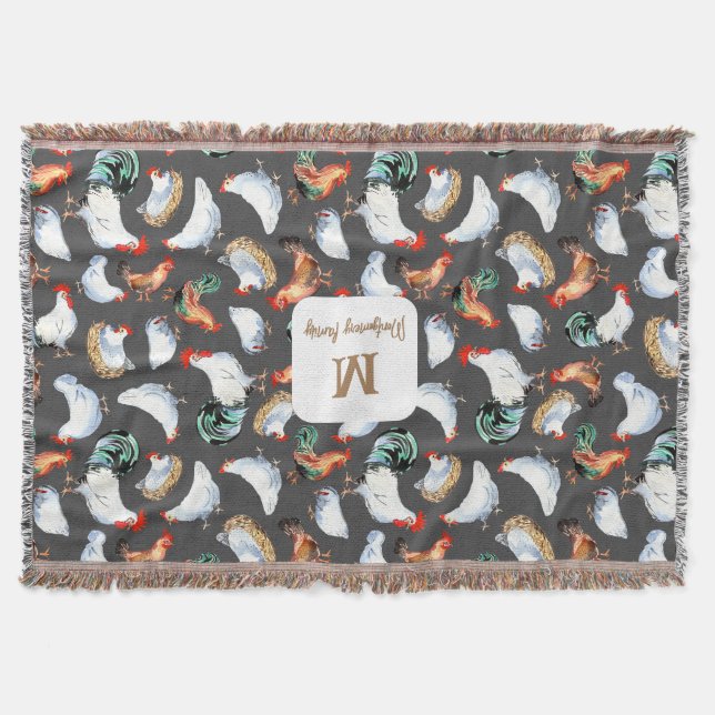 Chicken Family Farmhouse Monogram Throw Blanket (Front)