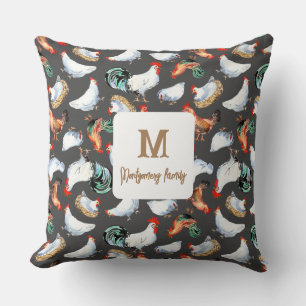 Chicken Family Farmhouse Monogram Throw Pillow