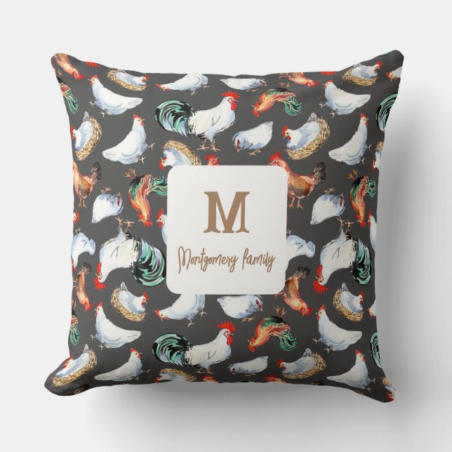 Chicken Family Farmhouse Monogram Throw Pillow (Front)