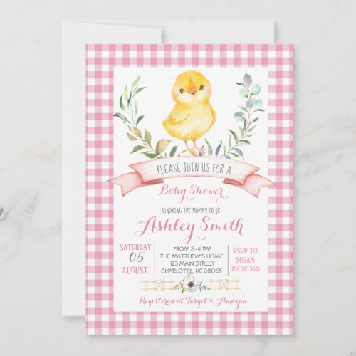 chicken farm baby shower invitation pink girl