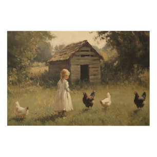 Chicken Farm Girl and Bird Simple Wood Wall Art