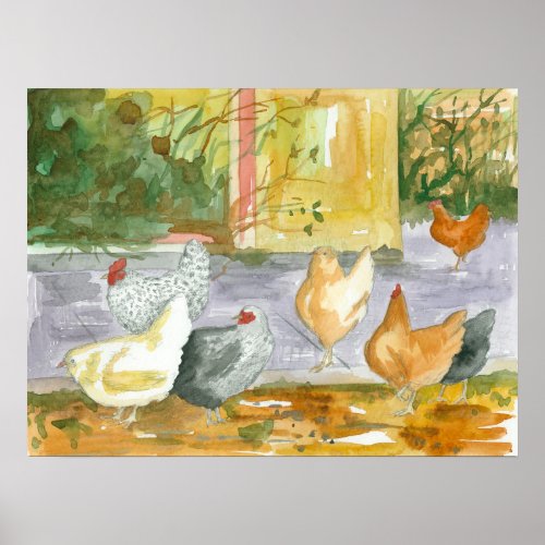 Chicken Farm Hens Birds Watercolor Painting Poster